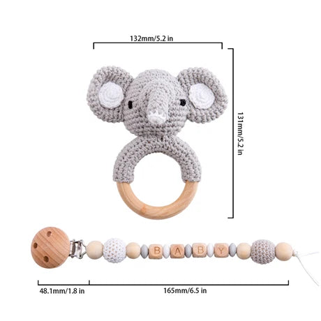 1Pc Baby Wooden Rattles Plush Crochet Giraffe Animal Music Bell Personalized Pacifier Chain Clip Teething Bracelets Newborn Toys