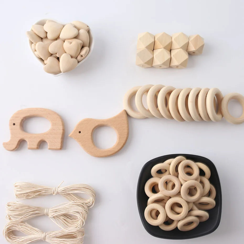 1set Wood Beads Animal Rattle Organic Teething Toys Wooden Toys BPA Free DIY Necklace Bracelet Baby Nursing Accessories