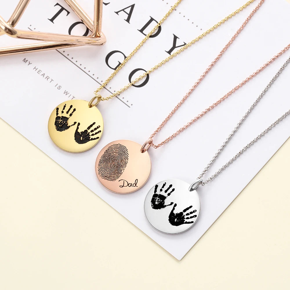 JewelOra 925 Sterling Silver Personalized Fingerprint Necklace With Engraved Name Customize Baby Handprint Pendant Memorial Gift