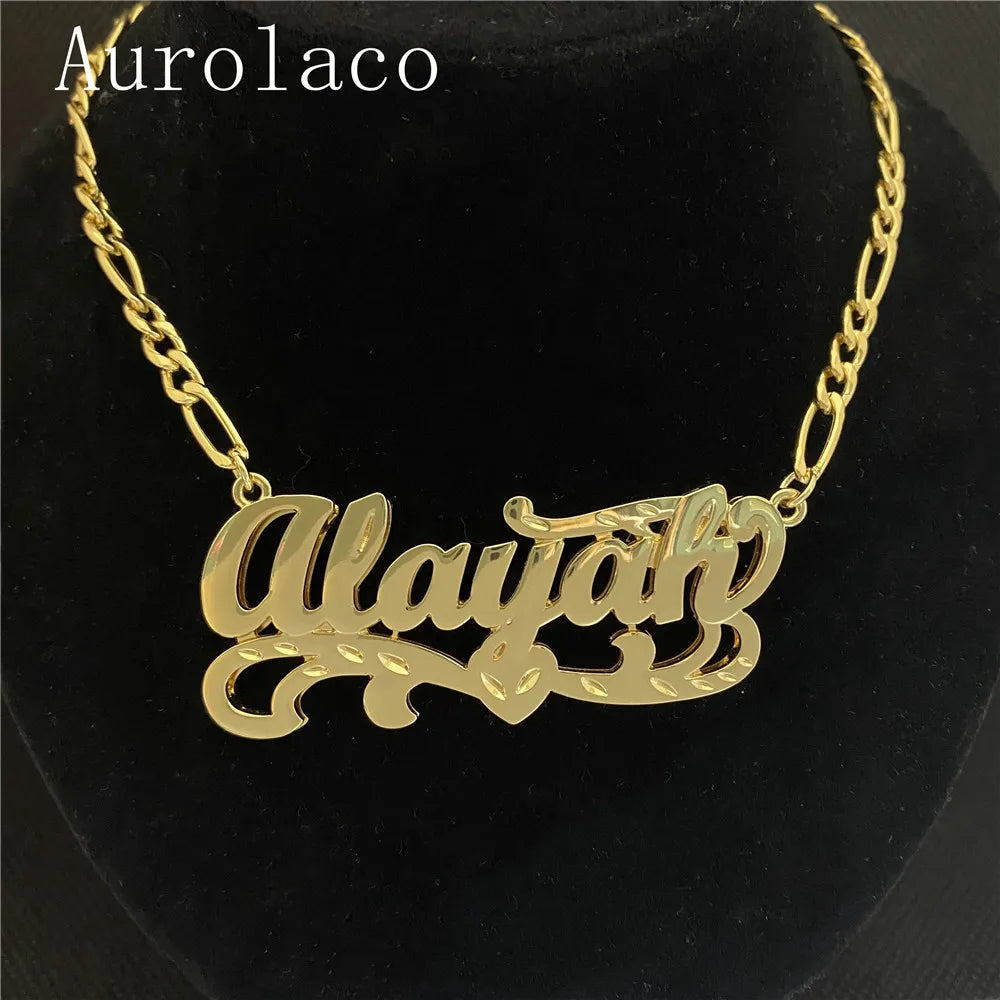 AurolaCo New Custom Name Necklace Personalized Women Double Plated Gothic Nameplate Custom Gold Choker Necklace for Women Gift