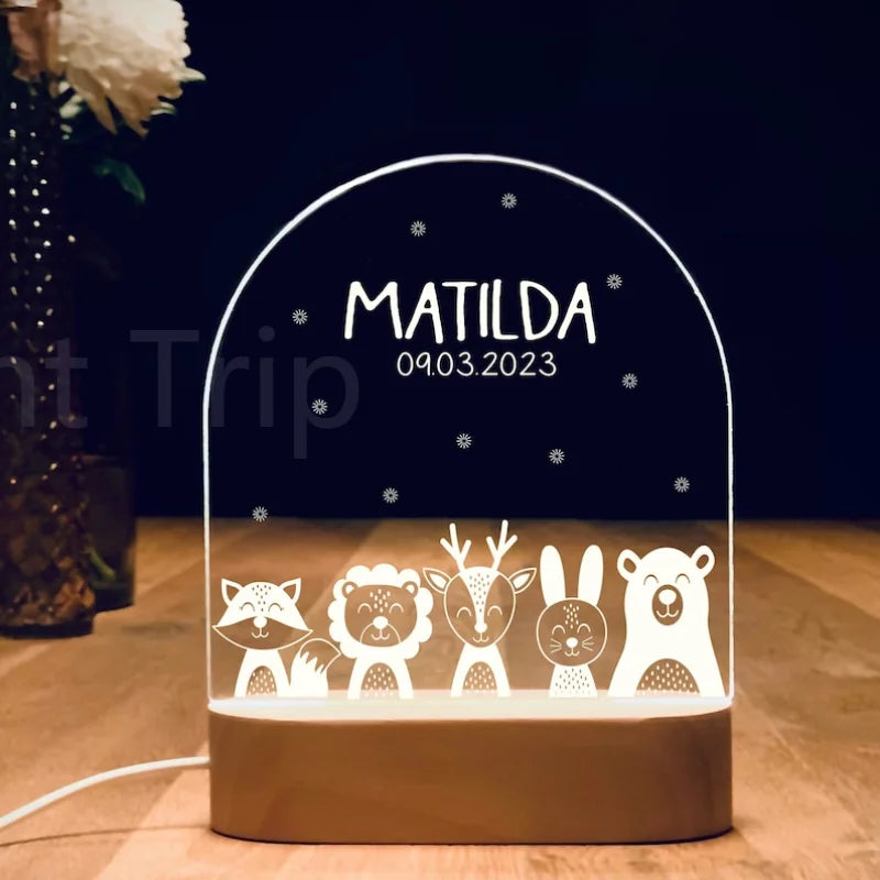 Personalized Baby Night Light USB Wood Base Lamp Custom First Name 3D Lamp for Baby Kids Bedroom Table Animal Night Lamp Gift