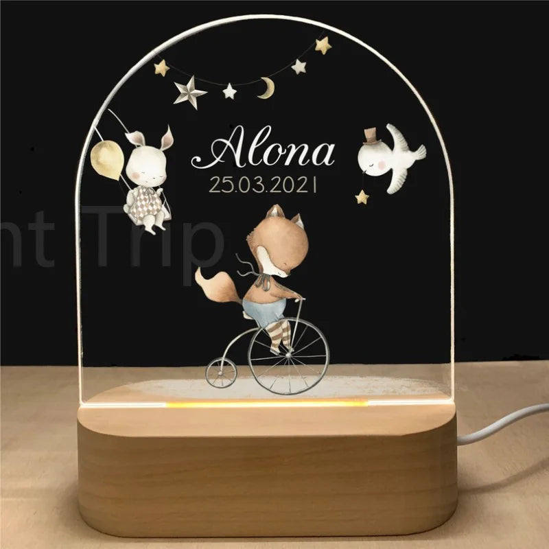 Personalized Baby Night Light USB Wood Base Lamp Custom First Name 3D Lamp for Baby Kids Bedroom Table Animal Night Lamp Gift