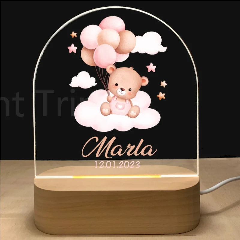 Personalized Baby Night Light USB Wood Base Lamp Custom First Name 3D Lamp for Baby Kids Bedroom Table Animal Night Lamp Gift