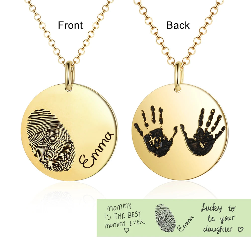 JewelOra 925 Sterling Silver Personalized Fingerprint Necklace With Engraved Name Customize Baby Handprint Pendant Memorial Gift