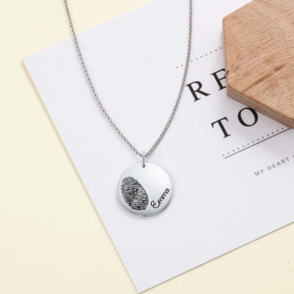 JewelOra 925 Sterling Silver Personalized Fingerprint Necklace With Engraved Name Customize Baby Handprint Pendant Memorial Gift