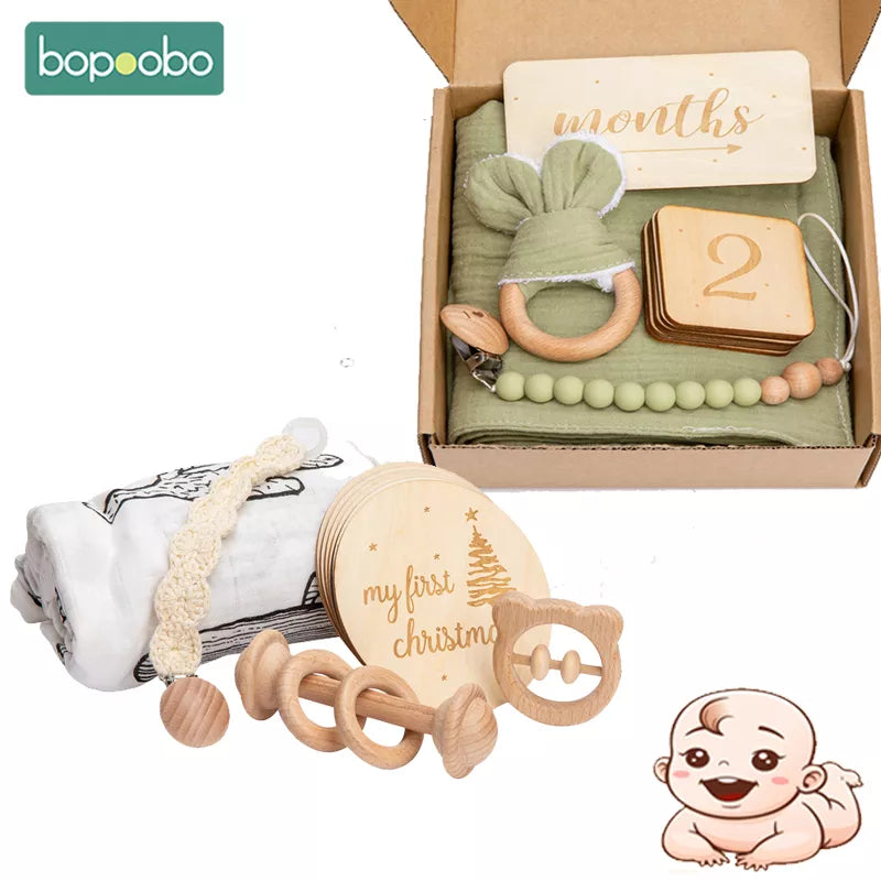 Bopoobp Baby Milestone Set Wooden Toy Cartoon Animal Bunny Fox Cactus Elephant Multi-Function Baby Shower Box Kid Birth Gift