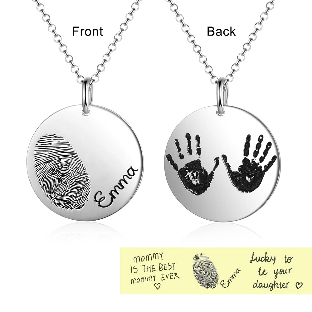 JewelOra 925 Sterling Silver Personalized Fingerprint Necklace With Engraved Name Customize Baby Handprint Pendant Memorial Gift