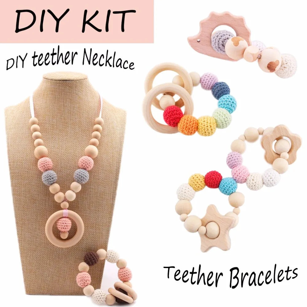 1set Wood Beads Animal Rattle Organic Teething Toys Wooden Toys BPA Free DIY Necklace Bracelet Baby Nursing Accessories