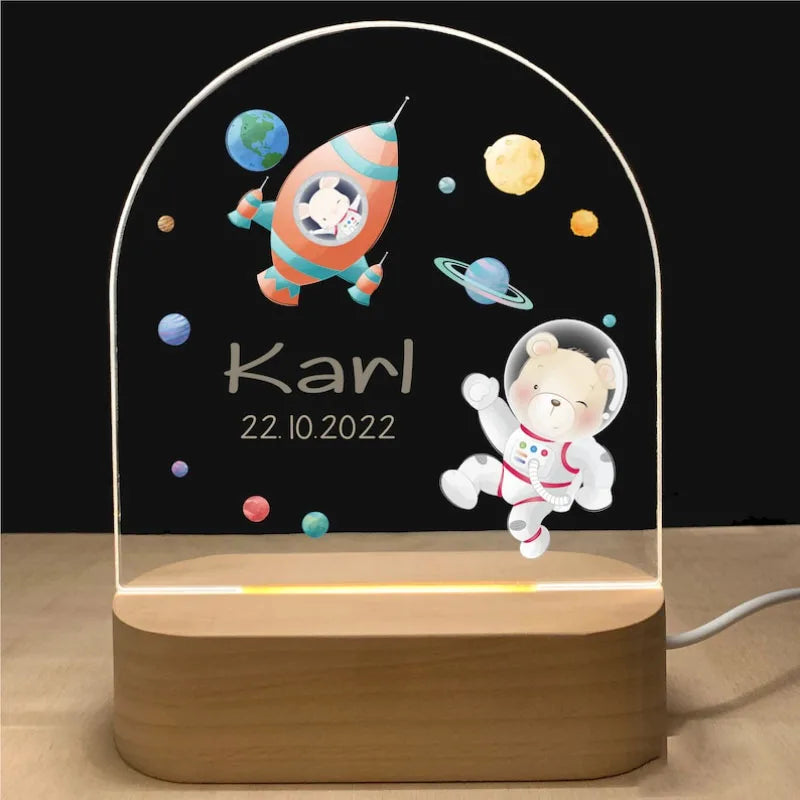 Personalized Baby Night Light USB Wood Base Lamp Custom First Name 3D Lamp for Baby Kids Bedroom Table Animal Night Lamp Gift