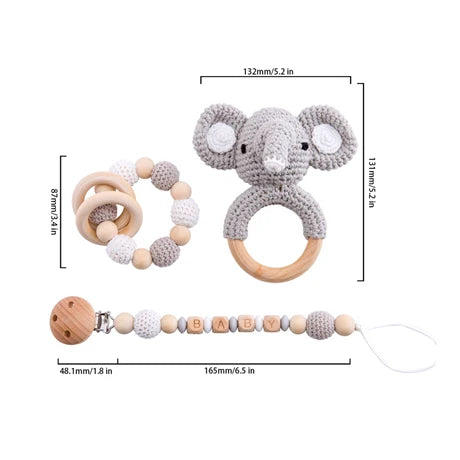 1Pc Baby Wooden Rattles Plush Crochet Giraffe Animal Music Bell Personalized Pacifier Chain Clip Teething Bracelets Newborn Toys