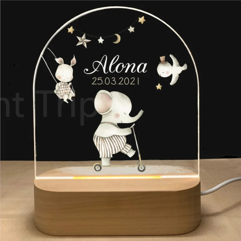 Personalized Baby Night Light USB Wood Base Lamp Custom First Name 3D Lamp for Baby Kids Bedroom Table Animal Night Lamp Gift