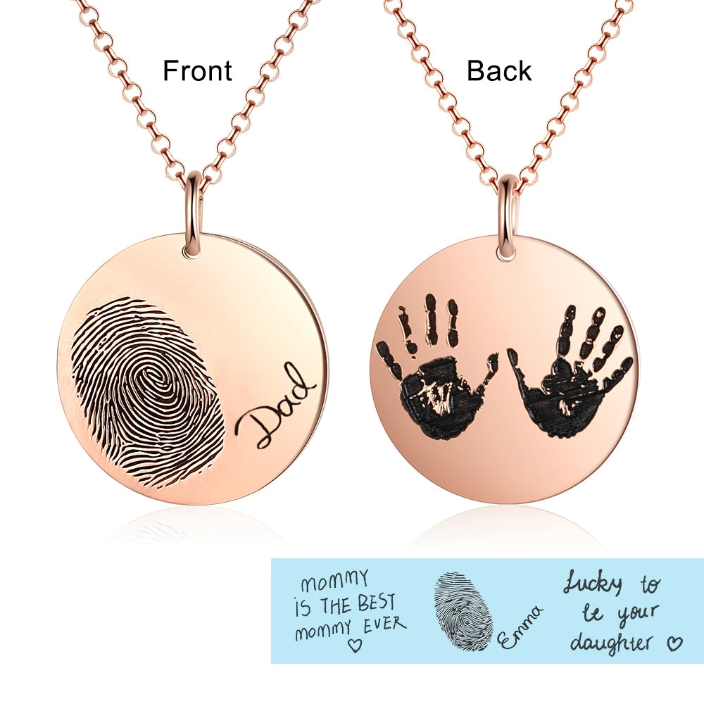 JewelOra 925 Sterling Silver Personalized Fingerprint Necklace With Engraved Name Customize Baby Handprint Pendant Memorial Gift