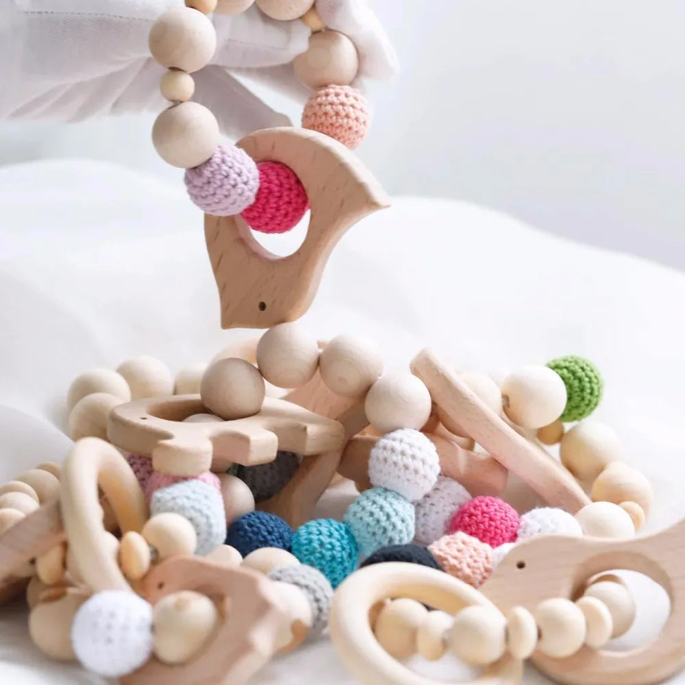 1set Wood Beads Animal Rattle Organic Teething Toys Wooden Toys BPA Free DIY Necklace Bracelet Baby Nursing Accessories