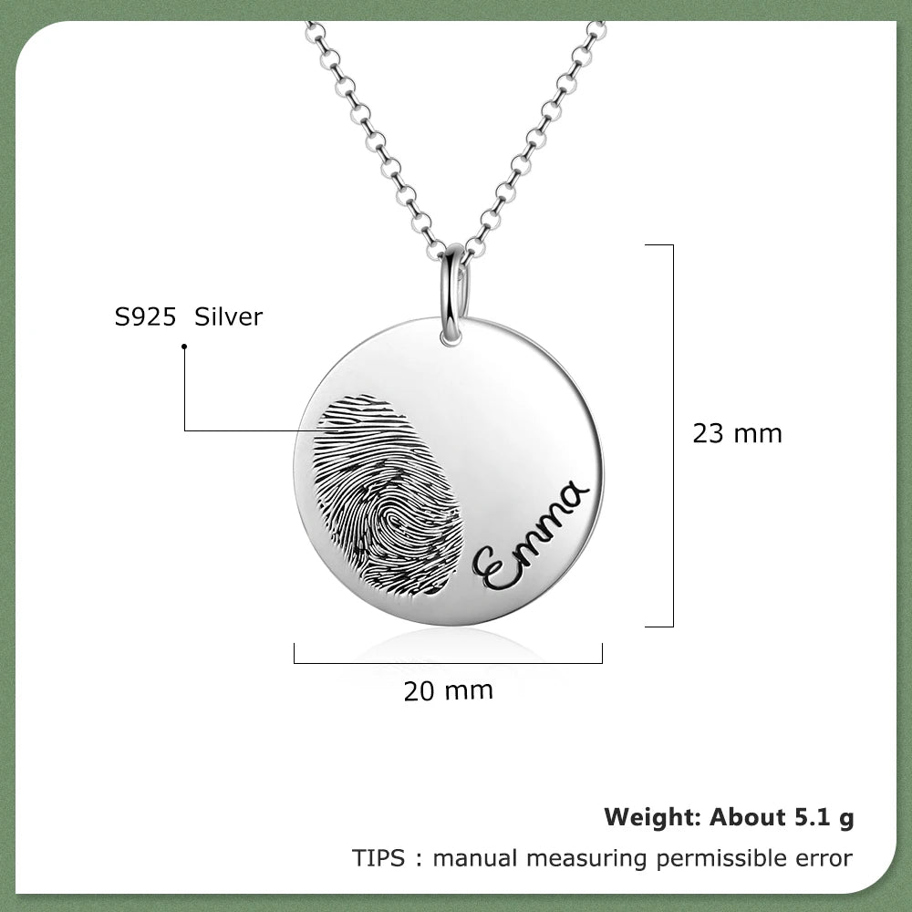 JewelOra 925 Sterling Silver Personalized Fingerprint Necklace With Engraved Name Customize Baby Handprint Pendant Memorial Gift