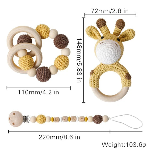 1Pc Baby Wooden Rattles Plush Crochet Giraffe Animal Music Bell Personalized Pacifier Chain Clip Teething Bracelets Newborn Toys