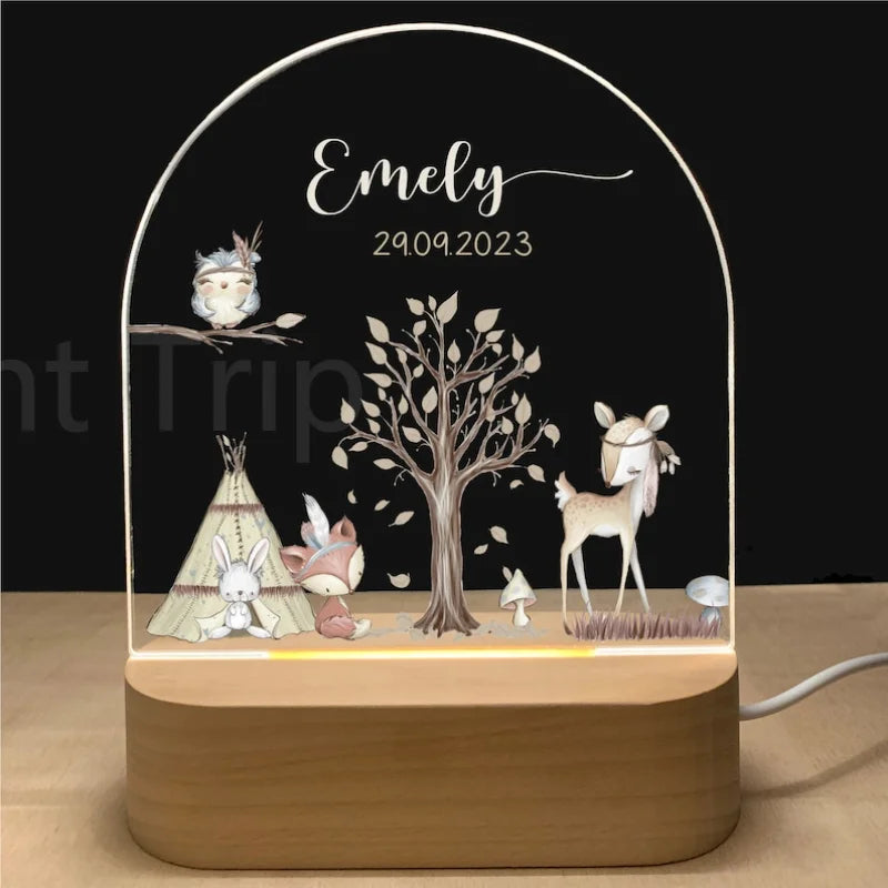 Personalized Baby Night Light USB Wood Base Lamp Custom First Name 3D Lamp for Baby Kids Bedroom Table Animal Night Lamp Gift