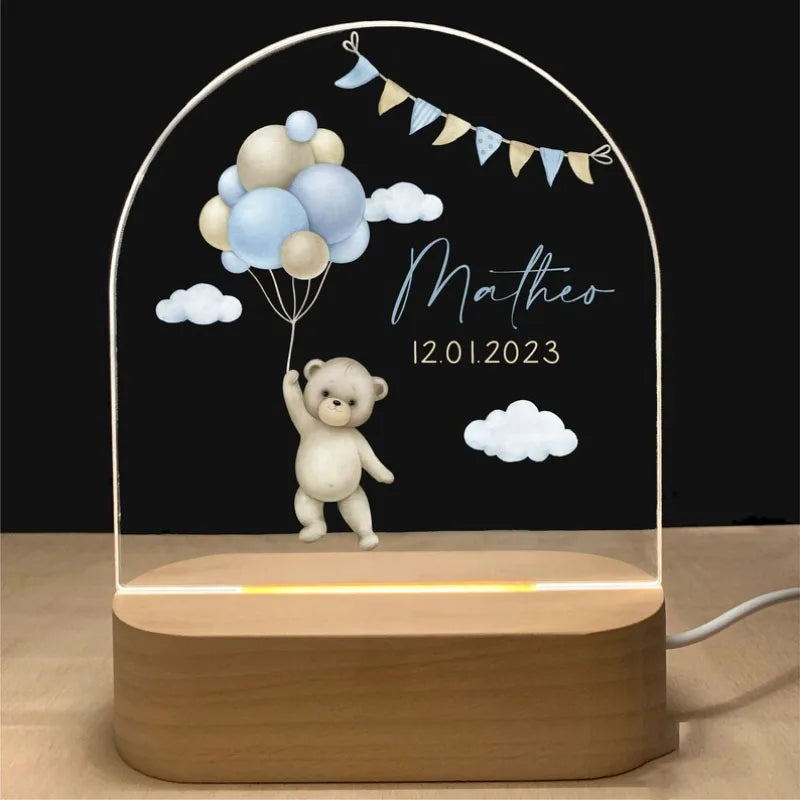 Personalized Baby Night Light USB Wood Base Lamp Custom First Name 3D Lamp for Baby Kids Bedroom Table Animal Night Lamp Gift