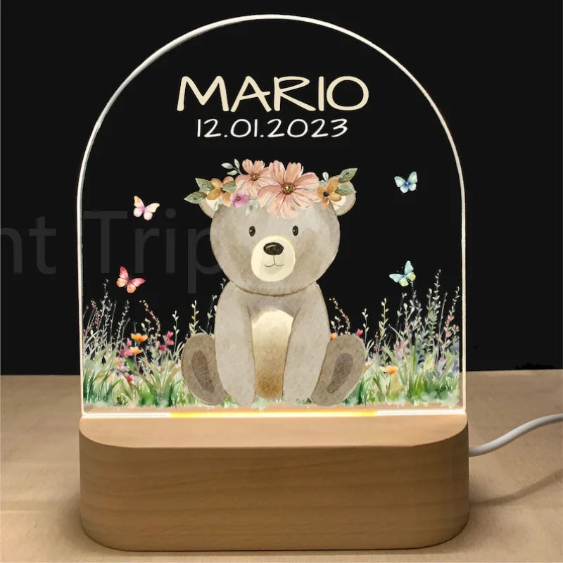 Personalized Baby Night Light USB Wood Base Lamp Custom First Name 3D Lamp for Baby Kids Bedroom Table Animal Night Lamp Gift