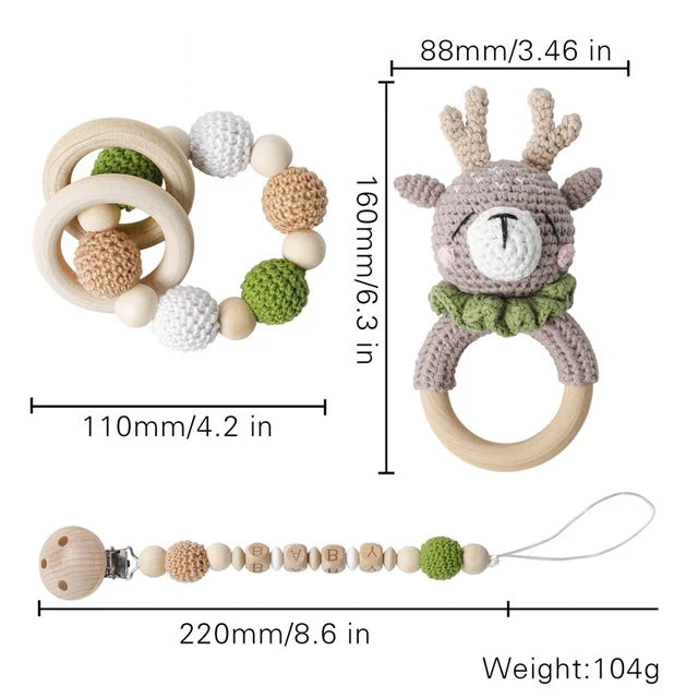 1Pc Baby Wooden Rattles Plush Crochet Giraffe Animal Music Bell Personalized Pacifier Chain Clip Teething Bracelets Newborn Toys