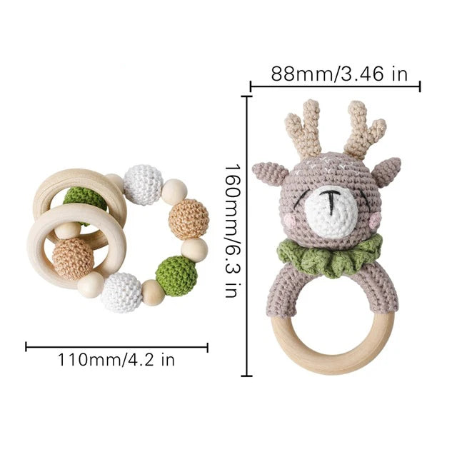 1Pc Baby Wooden Rattles Plush Crochet Giraffe Animal Music Bell Personalized Pacifier Chain Clip Teething Bracelets Newborn Toys