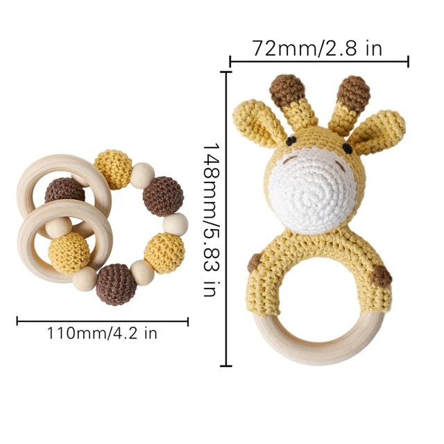 1Pc Baby Wooden Rattles Plush Crochet Giraffe Animal Music Bell Personalized Pacifier Chain Clip Teething Bracelets Newborn Toys