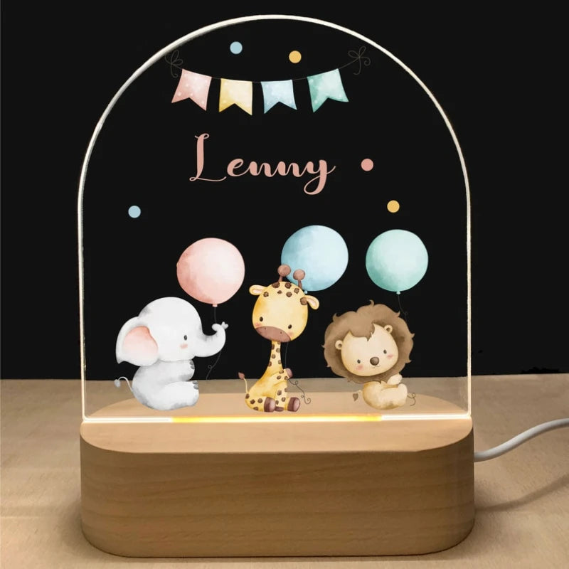 Personalized Baby Night Light USB Wood Base Lamp Custom First Name 3D Lamp for Baby Kids Bedroom Table Animal Night Lamp Gift