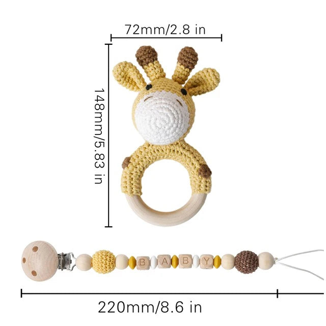 1Pc Baby Wooden Rattles Plush Crochet Giraffe Animal Music Bell Personalized Pacifier Chain Clip Teething Bracelets Newborn Toys