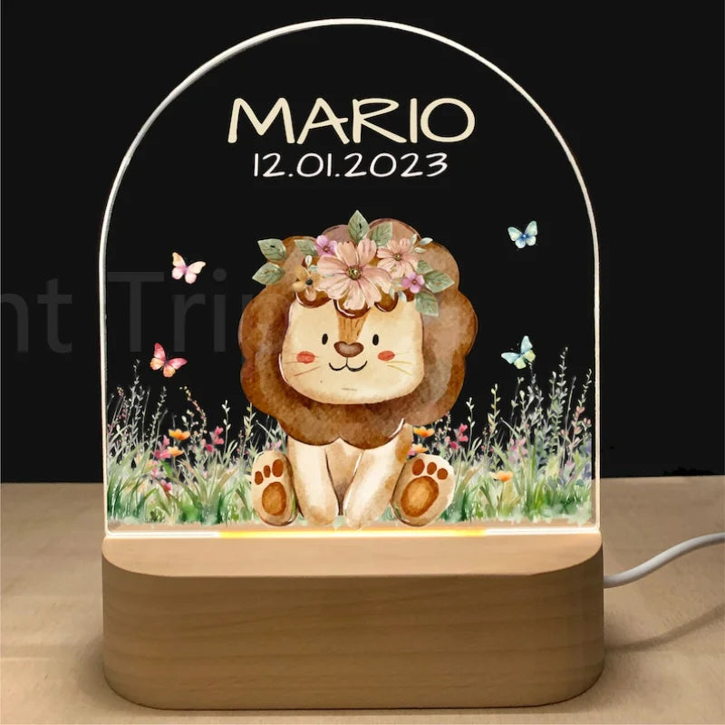 Personalized Baby Night Light USB Wood Base Lamp Custom First Name 3D Lamp for Baby Kids Bedroom Table Animal Night Lamp Gift