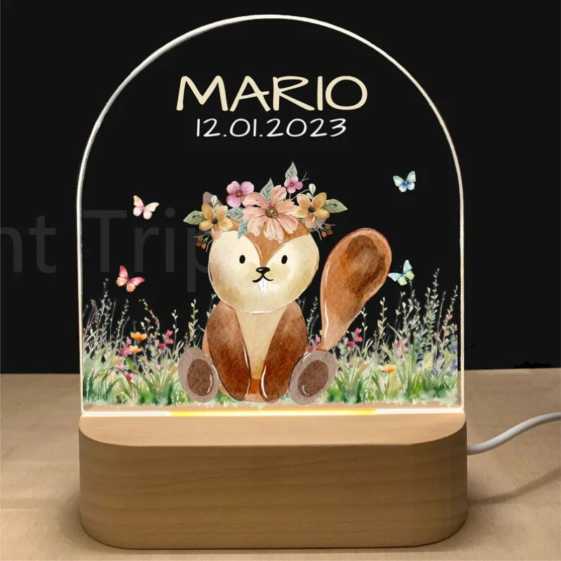 Personalized Baby Night Light USB Wood Base Lamp Custom First Name 3D Lamp for Baby Kids Bedroom Table Animal Night Lamp Gift