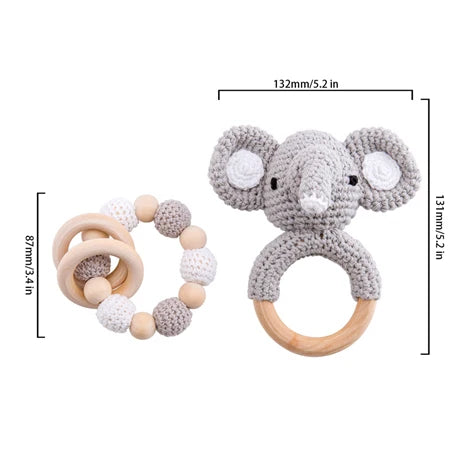 1Pc Baby Wooden Rattles Plush Crochet Giraffe Animal Music Bell Personalized Pacifier Chain Clip Teething Bracelets Newborn Toys