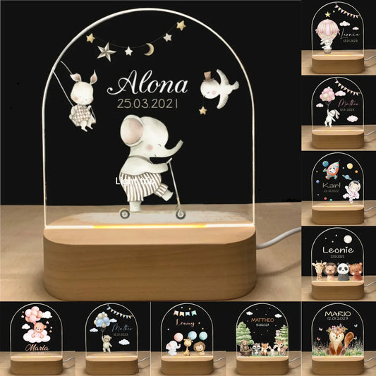 Personalized Baby Night Light USB Wood Base Lamp Custom First Name 3D Lamp for Baby Kids Bedroom Table Animal Night Lamp Gift