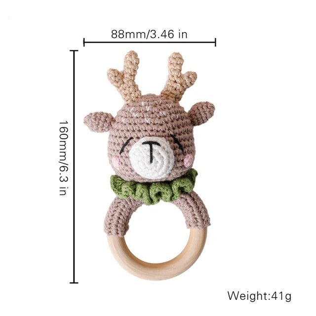 1Pc Baby Wooden Rattles Plush Crochet Giraffe Animal Music Bell Personalized Pacifier Chain Clip Teething Bracelets Newborn Toys