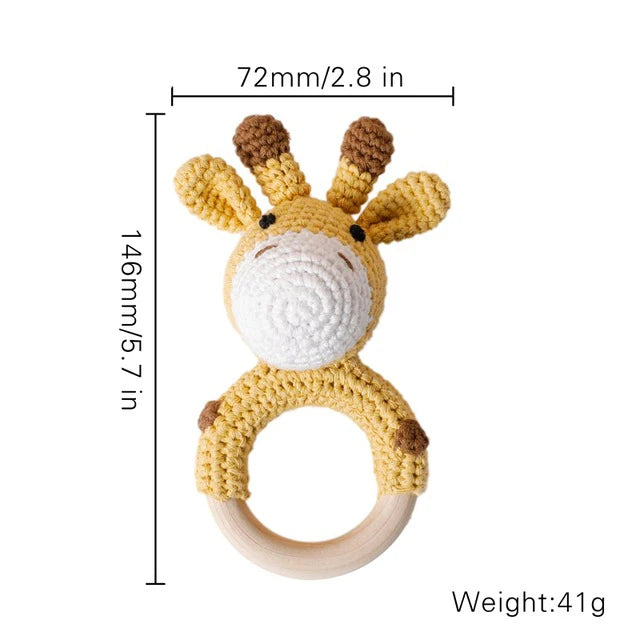 1Pc Baby Wooden Rattles Plush Crochet Giraffe Animal Music Bell Personalized Pacifier Chain Clip Teething Bracelets Newborn Toys