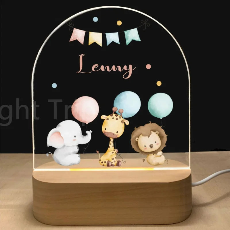 Personalized Baby Night Light USB Wood Base Lamp Custom First Name 3D Lamp for Baby Kids Bedroom Table Animal Night Lamp Gift