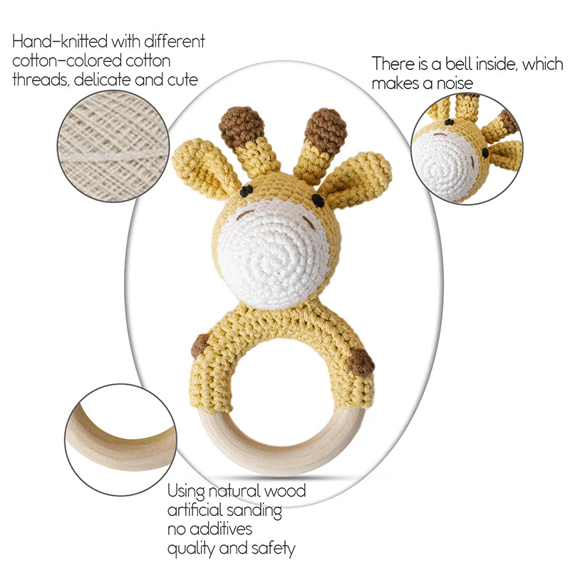 1Pc Baby Wooden Rattles Plush Crochet Giraffe Animal Music Bell Personalized Pacifier Chain Clip Teething Bracelets Newborn Toys