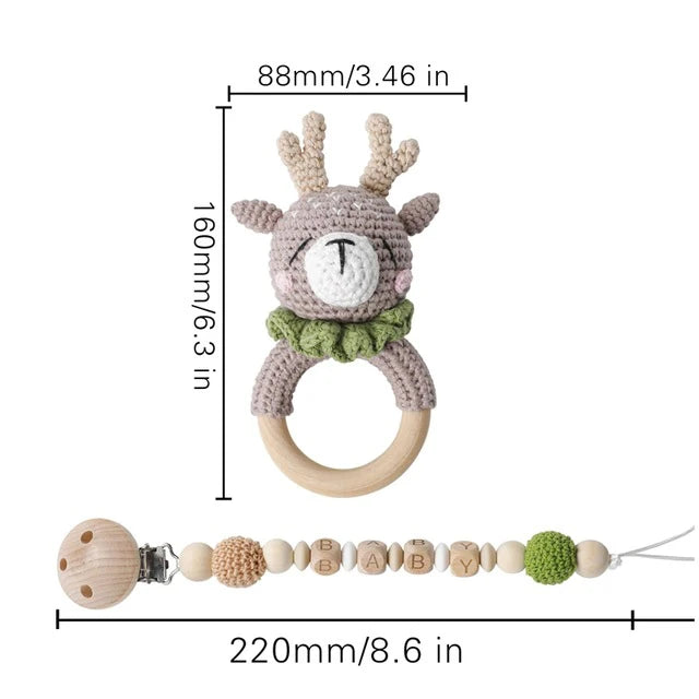 1Pc Baby Wooden Rattles Plush Crochet Giraffe Animal Music Bell Personalized Pacifier Chain Clip Teething Bracelets Newborn Toys