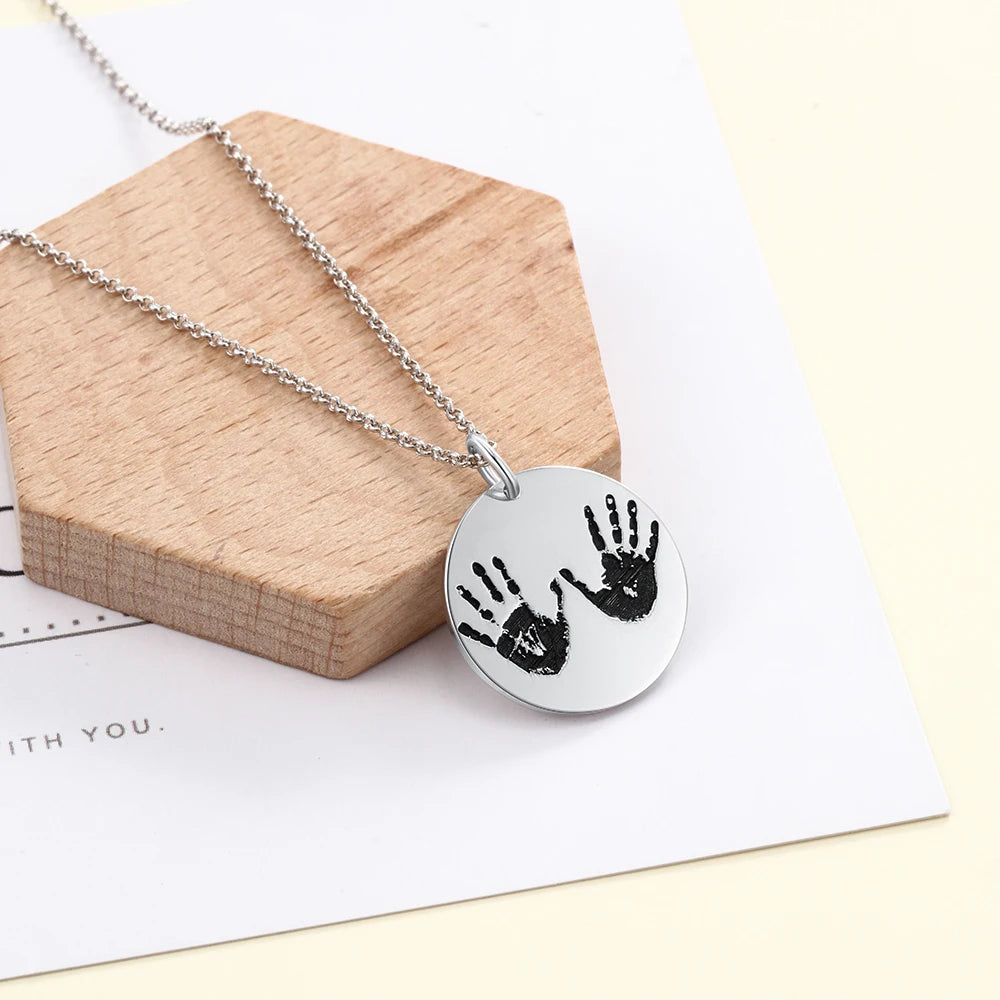 JewelOra 925 Sterling Silver Personalized Fingerprint Necklace With Engraved Name Customize Baby Handprint Pendant Memorial Gift