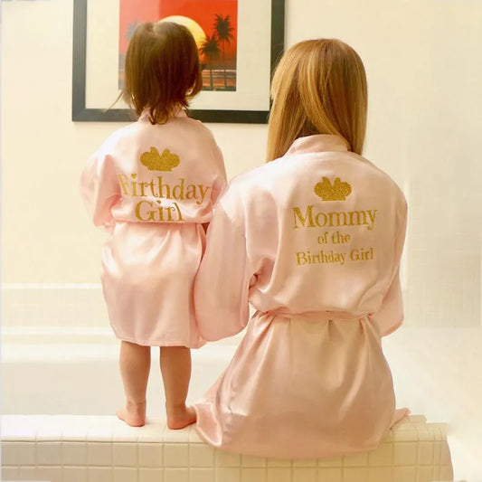 Birthday Girl&Mother of Birthday Girl Robe Satin Toddler Baby Women Princess Spa Party Favor Ladies Dressing Gift Kimono Robes