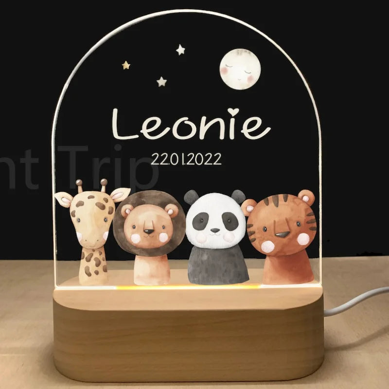 Personalized Baby Night Light USB Wood Base Lamp Custom First Name 3D Lamp for Baby Kids Bedroom Table Animal Night Lamp Gift